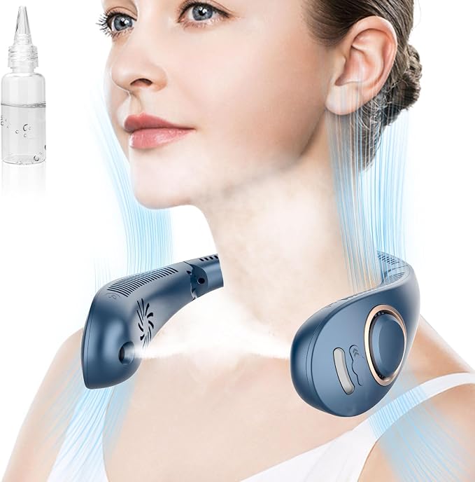 Neck Fan with Mist Spray, Bladeless Fans that Blow Cold Air, 5 Speeds, 2 Mist Modes, USB-C Rechargeable, LED Battery & Wind Display, Folding for Outdoor Travel Work, Women Men Kids Gifts (Blue)