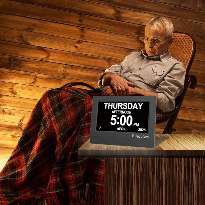 Digital Alarm Clock 7" HD Large Screen Digital Calendar with Auto-Dimming, Clear Day/Date Display for Alzheimer's Dementia Seniors & Low Vision with Remote Control and Custom Reminder Function(Black)