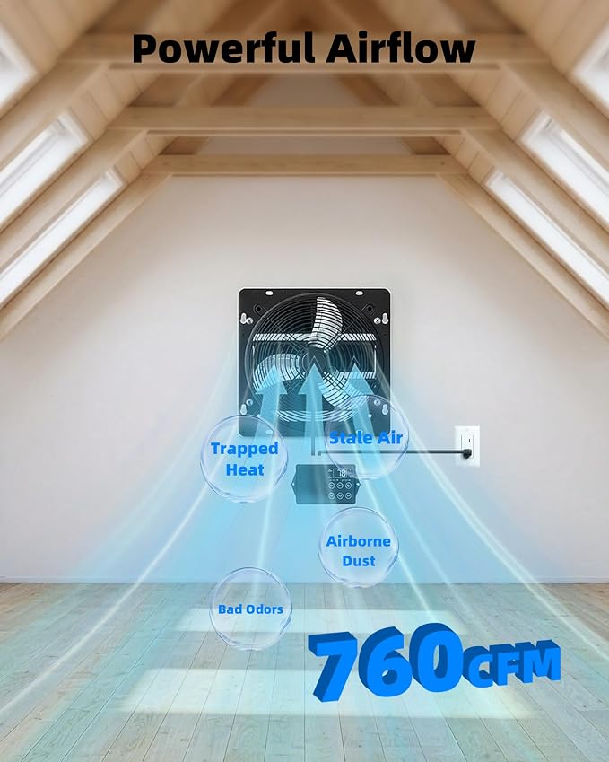 8'' Upgraded Shutter Exhaust Fan with Thermostat & Remote, 760 CFM Wall Mounted Attic Exhaust Fan, Auto On/Off by Temperature for Garage, Greenhouses, Sheds, Chicken Coops & Basement
