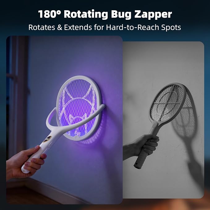 Nymrix Electric Fly Swatter Racket with Rotating Head & Telescopic Handle, 2-in-1 Bug Zapper, 4100V Rechargeable Mosquito Killer with 2600 mAh Battery for Indoor & Outdoor Use (White, 1 Pack)