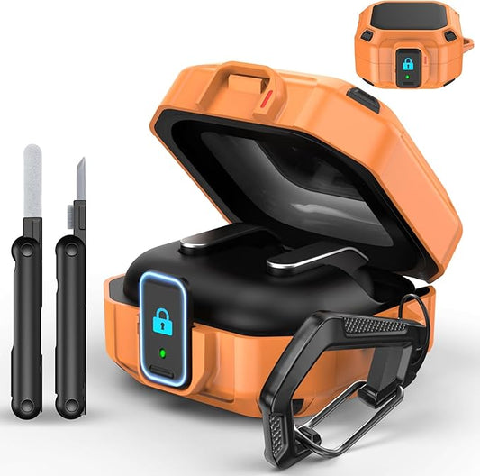 MoKo Lock Case for Samsung Galaxy Buds 4 Pro Case/Galaxy Buds 4 Case (2026), Rugged Armor Shockproof Full Protection Cover for Women Men, Cleaning Pen & Hook, Orange