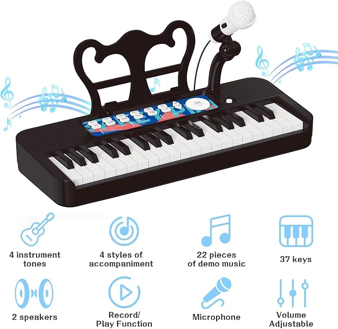 Kids Piano, 37 Keys Toddler Piano Keyboard Toy Electronic Musical Instrument Educational Toy with Microphone, 2 Speakers, Record Playback, Christmas Birthday Gift for 3+ Years Old Black