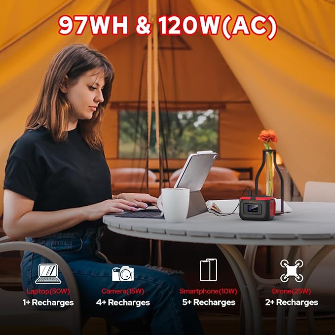 Portable Power Station 120W, Outdoor Power Bank Generator with AC Outlet, External Battery Power Pack with USB C Input for Camping Home Use VanLife Adventures