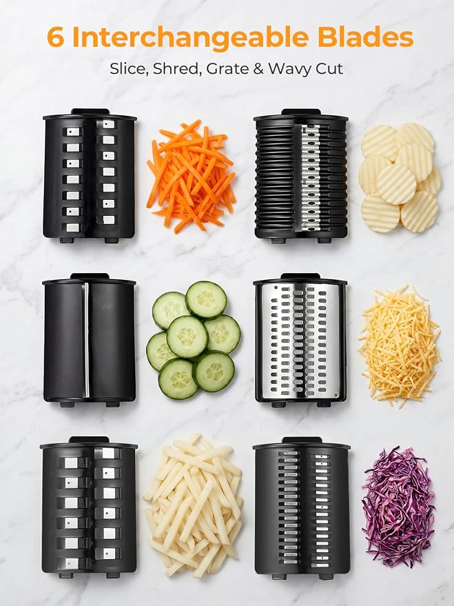 FOHERE Upgraded Electric Cheese Grater, 300W DC Motor Salad Shooter, 6-in-1 Electric Vegetable Slicer Shredder with Widened Feeding Port for Block Cheese, Vegetables Nuts, One-Touch Control