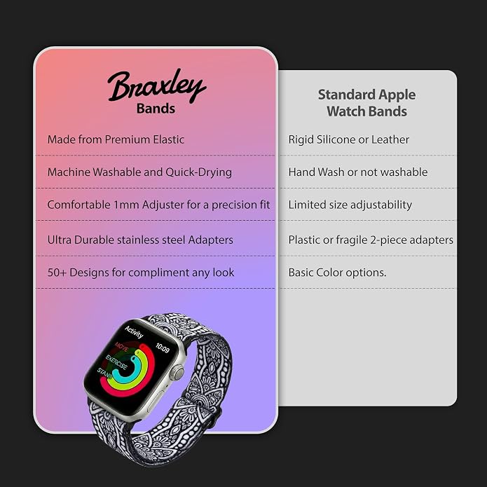 Braxley Bands for Apple Watches - Stretchy and Washable - Adjustable with Apple Watch Bands for Women & Men - Compatible with Apple Watch Series SE Ultra 9 8 7 6 5 4 3 2 1