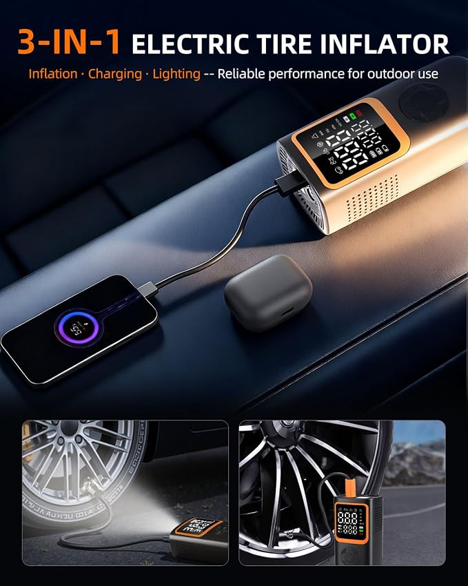Tire Inflator Portable Air Compressor - 6000 mah & 150 Psi Air Pump for Car Tires with Pressure Gauge & Led Light, Faster Inflation Mini Compressor for Car, Bicycles, Motorcycle