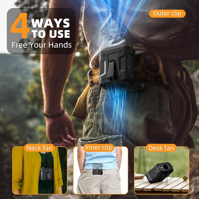 ASNUG Portable Waist Fan Rechargeable, 10000mAh Battery Powered & 45H Runtime, 10-Speed Personal Fan w/Lanyard, Flash Light, LED Display, Clip on Wearable Belt for Jogging Hiking Jobsite Warehouse