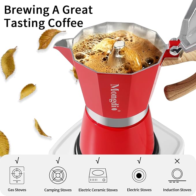 Mongdio Stovetop Espresso Maker Moka Pot, Cuban Coffee Maker Stove top coffee maker Moka Italian Espresso Greca Coffee Maker Brewer Percolator, 6 Espresso Cups, 10 oz - Red