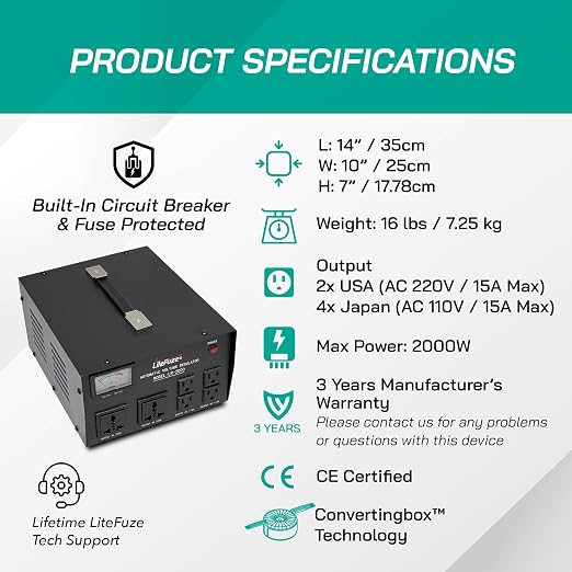 LiteFuze 2000 Watt Voltage Regulator with Transformer Step Up/Down 110V/220V - IEC Detachable Cord - Circuit Breaker (LR-2000)