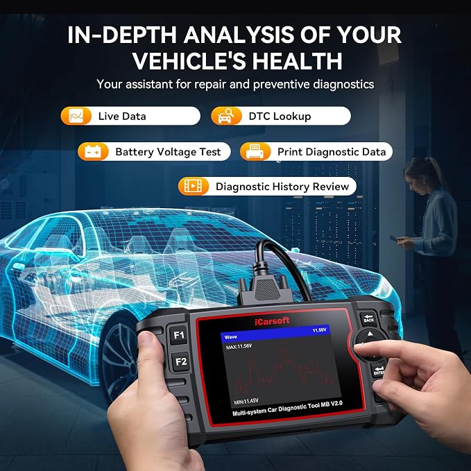 iCarsoft MB V2.0 fit for Mercedes Benz/Sprinter/Smart, Full Systems Diagnostic Tool, OBD2 Scanner with 8 Resets/Live Data/Battery Test/Module Info, Lifetime F-Ree Update