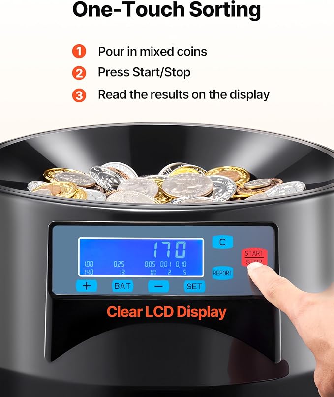 VEVOR USD Coin Counter with LCD Display, Precise Coin Counting and Sorter Machine - Sorts up to 300 Coins/min into Coin Wrappers, Compact Digital Change Counter Included 5 Coin Bins & 5 Tubes