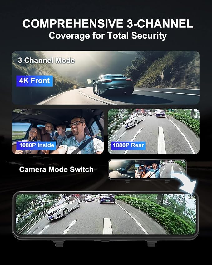 4K 3 Channel Mirror Dash Cam with Mirror Dash Cam Hardwire Kit, 24H Parking Monitor 11" Triple Rear View Mirror Dash Camera Front Inside Rear, Night Vision, Free 64GB Card, WDR, GPS, G-Sensor