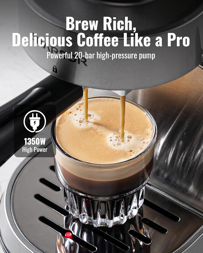 SHARDOR 20 Bar Espresso Machine, Touchscreen Expresso Coffee Machines with Steam Milk Frother for Home, Espresso Coffee Maker for Cappuccino, Latte, 40oz Removable Water Tank, Silver & Black