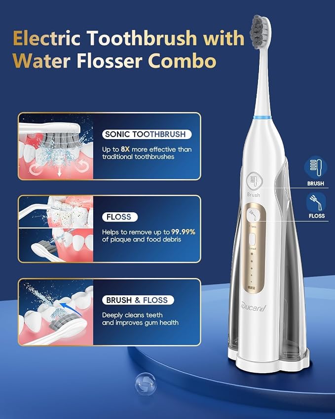 Electric Toothbrush with Water Flosser Combo, Professional Flossing Toothbrush with 3 Sonic Brush Modes & 5 Water Pressures, Cordless Water Flosser for Adults Teeth Cleaning Plaque Removal, White