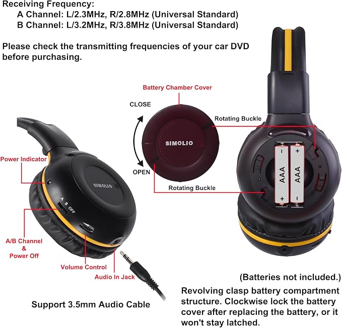SIMOLIO 3 Pack Wireless IR Headphones for Honda & Odyssey, CR-V, Accord, Pilot, Ridgeline, RDX, MDX, with Carrying Cases/AUX Cord, Share Port, 2 Channel Folding IR Car DVD Replacement Headsets