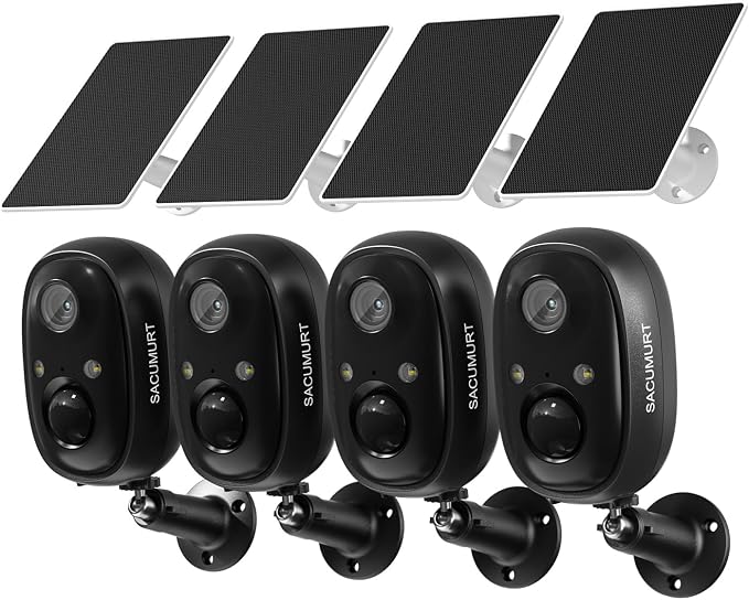 WiFi Cameras for Home Security, Free Cloud Storage, Solar Powered Security Cameras Wireless Outdoor, Outdoor Camera Wireless, Works with Alexa & Google Home, Smart Detection, 2K HD, 2-way talk, 4 Pack