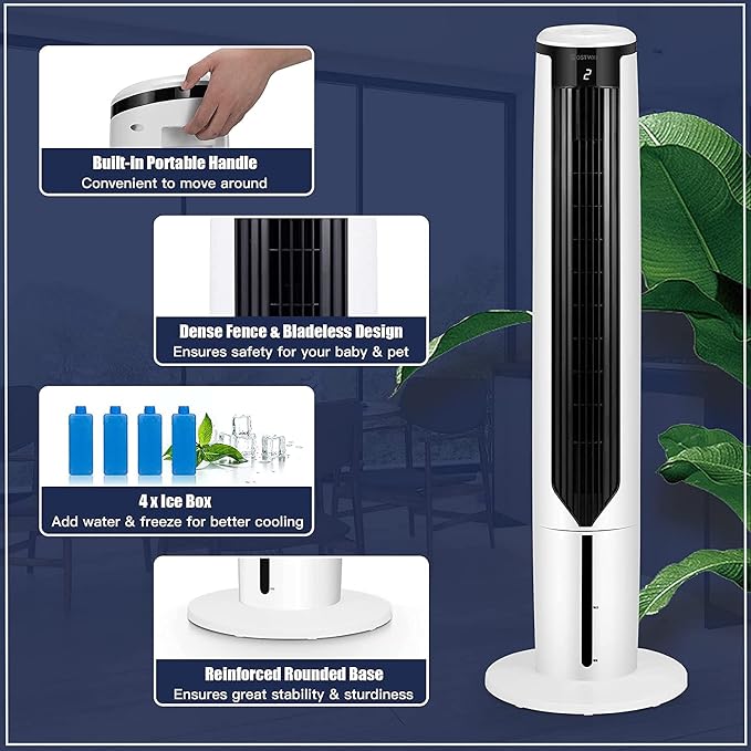Hysache 3-in-1 Evaporative Air Cooler Humidifier, Portable Bladeless Tower Fan with 9H Time, 3 Modes and 3 Speeds, Remote Control, Display, LED, Ideal for Bedroom, Living Room, Office, White