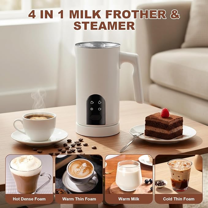 4 in 1 Electric Milk Frother Automatic Hot & Cold Foam Maker Auto Shut-Off Durable Stainless Steel Milk Frother Silent Working Easy to Clean for Cappuccino, Hot Chocolate (White)