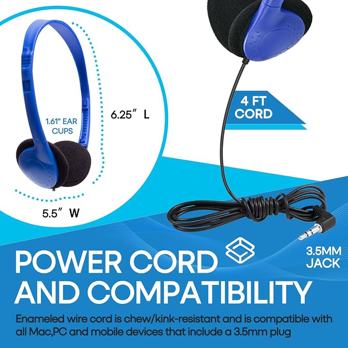 Classroom Headphones Bulk 12 Pack Class Set for School Students Kids and Adult -Sturdy Wired 3.5mm Plug (Blue, 12 Pack)