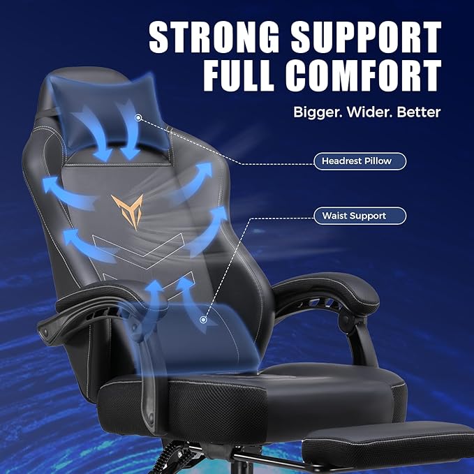 GTPLAYER Gaming Chair with Footrest, Recliner Chair with Headrest & Lumbar Support, Linkage Armrest,Ergonomic Gaming Chair 350lbs, High Back Office Home, Dark Black