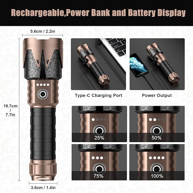 SKYFIRE Rechargeable Flashlight,5000 Super Bright Tactical Flashlights High Lumens Zoomable,6Modes,Waterproof LED Flash Light for Camping Essentials Outdoor&Home Emergency-Upgraded