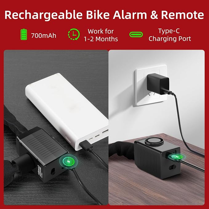 BANGTING 4FT Smart Alarm Bike Lock - 110dB Remote-Controlled Siren & 8mm Anti-Theft Chain with Key for Bicycle, E-Bike, Scooter, Motorcycle (Black)
