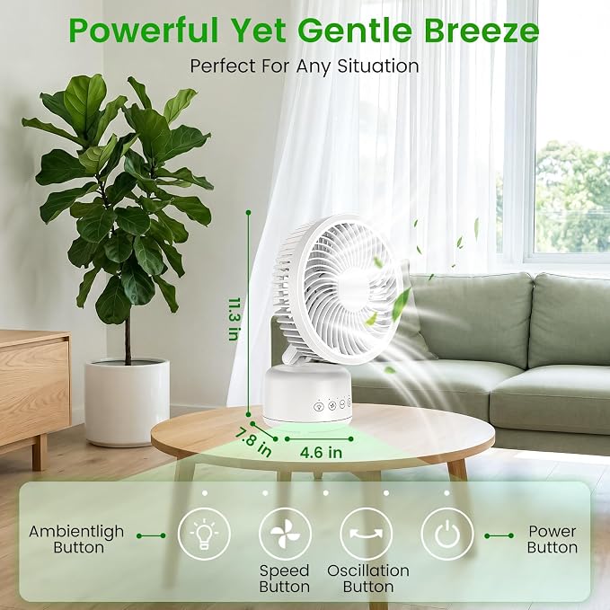 Electactic Personal Fan, Camping Fan - Rechargeable, 360° Oscillation, Type-C, LED, 4 Speeds, Remote/Timer. Hanging/Wall Mount, Tripod Stand. Office, Bedroom, Indoor/Outdoor, Tent, Travel, Jobsite