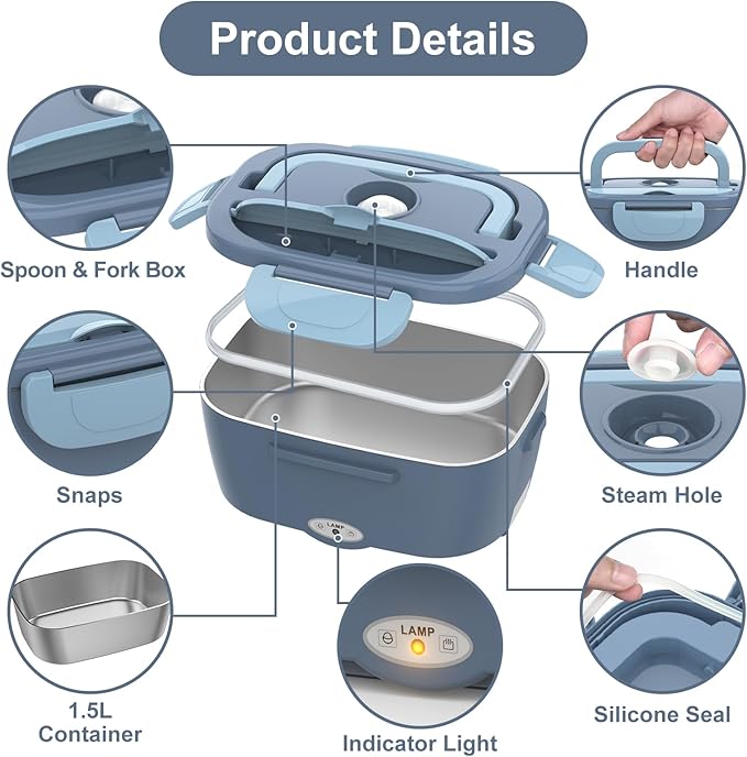 Vabaso Electric Lunch Box Food Heater, Electric Heating Lunch Boxes Lunch for Adults/Men/Truck/Car/Work, 80W 1.5L Removable 304 Stainless Steel Container, 110V/12V/24V, with Fork & Spoon