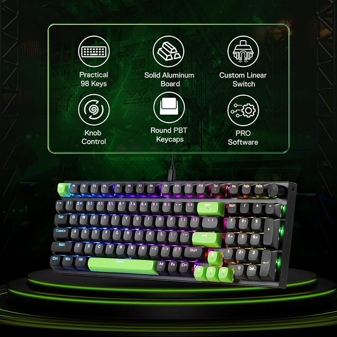 Redragon K740 98 Keys Wired RGB Gaming Keyboard, 95% PBT Mechanical Keyboard w/Solid Aluminum Base, Dedicated Knob Control & Hot-Swap Socket, Custom Linear Switch