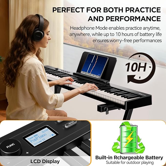 Rhymo 88 Key Portable Piano Keyboard, Semi-Weighted Folding Piano Full Size, Ultra Sound Upgrand Imitation Wood Texture Keyboard w/MIDI Bluetooth LCD Display Screen, Sustain Pedal for Beginners Adult