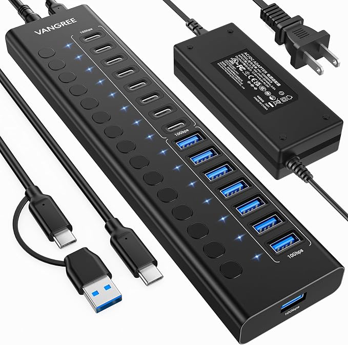 Powered USB Hub 3.2 Gen 2, VANGREE 16 Ports USB Hub (8 USB-A 3.2+8 USB-C 3.2), 10Gbps Aluminum Multiport Expansion Hub with 96W Power Adapter for PC Laptop HDD SSD Flash Drive