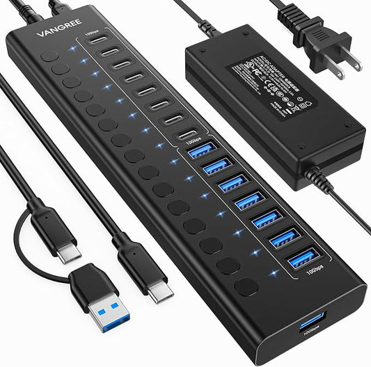 Powered USB Hub 3.2 Gen 2, VANGREE 16 Ports USB Hub (8 USB-A 3.2+8 USB-C 3.2), 10Gbps Aluminum Multiport Expansion Hub with 96W Power Adapter for PC Laptop HDD SSD Flash Drive