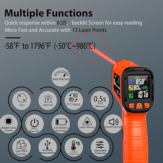 Laser Thermometer -58°F to 1796°F, Dual-Mode Infrared Thermometer Temperature Gun with K-Type Thermocouple, IR Thermometer Gun for Reptiles, Cooking, Griddle, Oven, 16:1 Home Handheld Temp Guns