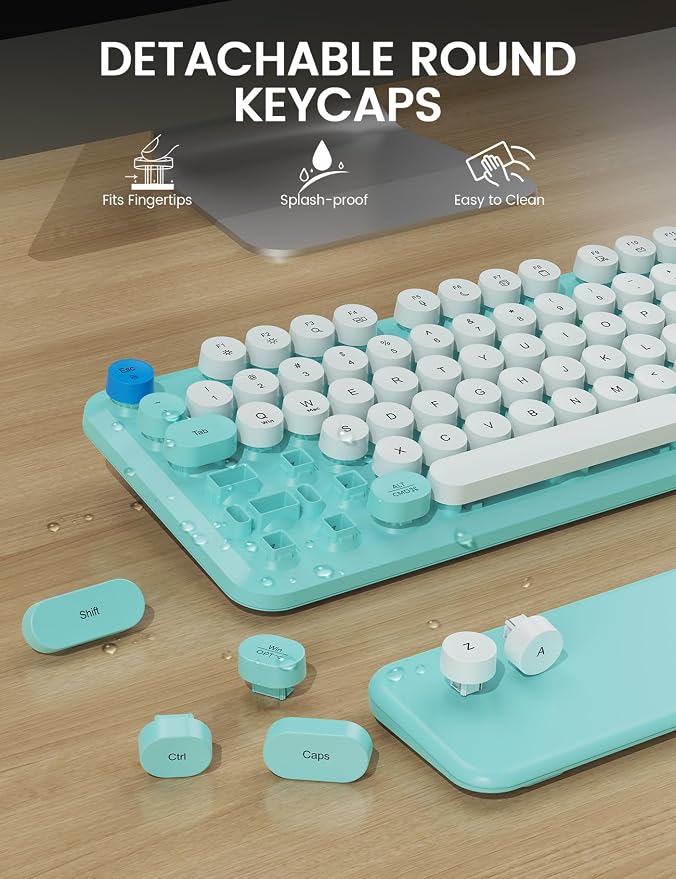 Wireless Keyboard and Mouse Combo - Cute Typewriter Keyboard with Detachable Wrist Rest, Retro Round Keycaps, Foldable Legs, 2.4GHz Full-Size for PC, Laptop, Windows - Trueque (Glacier Blue)