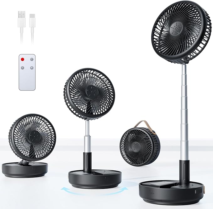 Portable Oscillating Travel Fan, 10400mAh Battery Operated Rechargeable USB Floor Table Desk Fan with Remote, 4 Speed Settings Pedestal Fan for Home Bedroom Office Camping, Black 8"