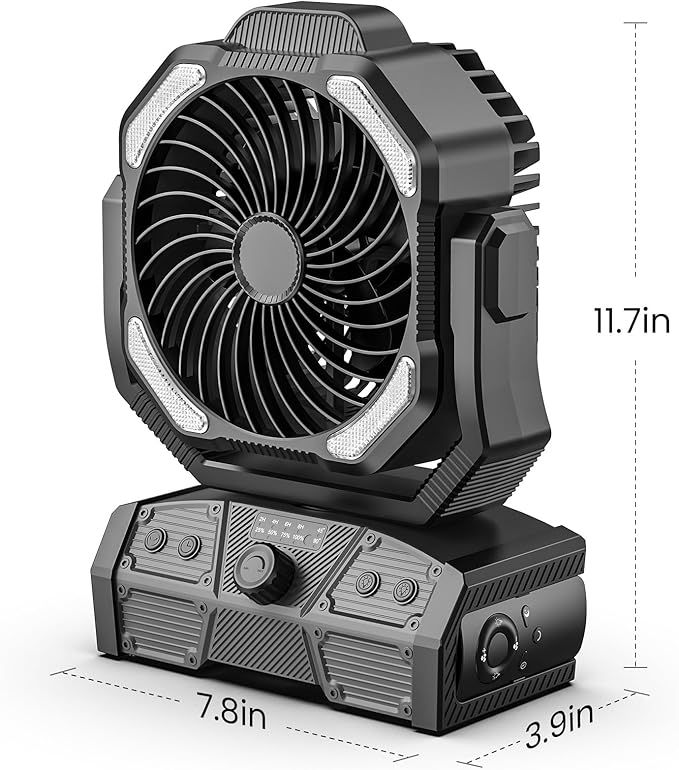 8” Portable Rechargeable Fan, Battery Operated Camping Fan with 27H Work Hours, Remote, Auto Oscillation, Timer, Hook for RV Tent Hurricane Emergency Black