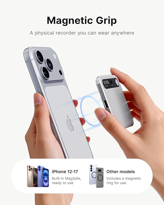 BOYA Notra AI Voice Recorder, Smart Transcription & Summary, App Control, 64GB Storage, Secure Cloud Sync, Supports 140+ Languages, MagSafe-Compatible, Ai Note Taker for Meetings & Interviews, Silver