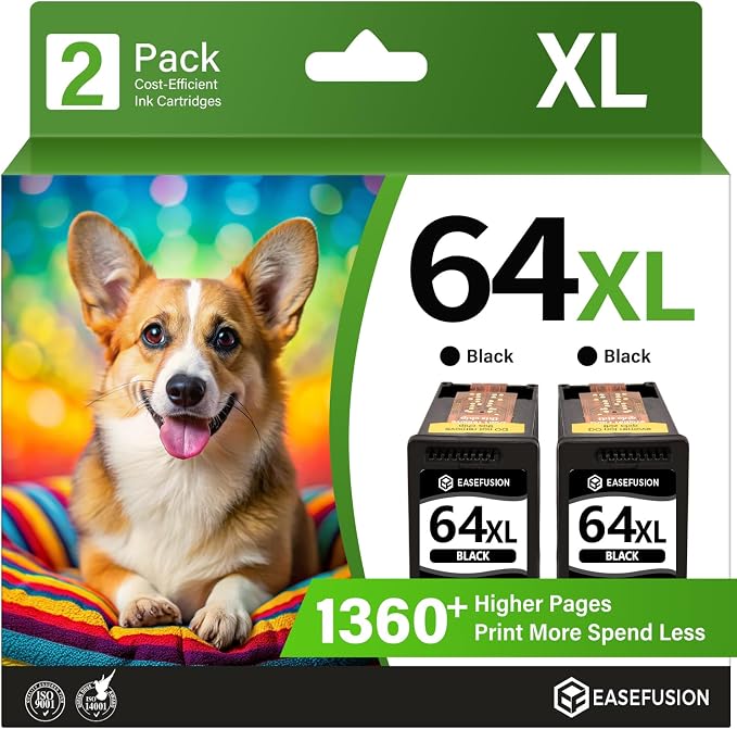 EaseFusion 64XL Black Ink Cartridge Remanufactured Replacement for HP 64XL Black Ink Cartridge HP64 HP64XL Compatible with HP Envy Photo 7800 7855 7858 7100 7155 6200 6255 Tango X Series Printers
