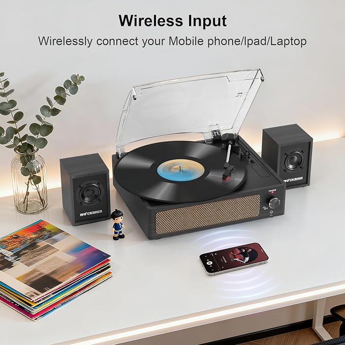 Record Player with Passive Bookshelf Speakers Belt-Drive Vintage Turntable for Vinyl Records External Dual Stereo Speakers LP Players 3 Speed Wireless AUX Headphone Input Auto Stop Retro Black Wooden