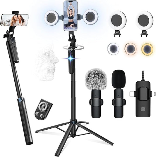 71" Content Creator Essentials Vlogging Kit - 2 Lights & 2 Mics, 360° Rotating Auto Face Tracking Tripod for iPhone/Android/Camera with Wireless Remote, No App for Vlog, Live, Video Record