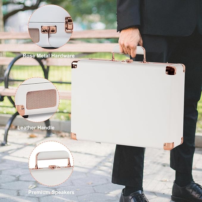 3-Speed Vinyl Record Player Turntable Portable Suitcase with Bluetooth, Rechargeable Battery, Aux/RCA/Headphone Jacks, Compact Retro Design for Vinyl Lovers