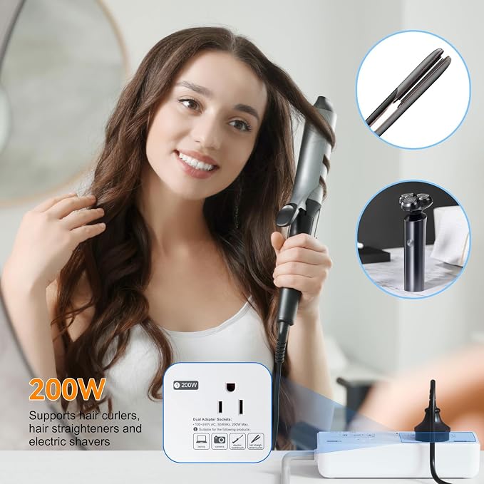 BESTEK 220V to 110V Voltage Converter US to Europe, 2000W Universal Travel Adapter with 2 USB C Ports & 1USB-A Port for Hair Straightener