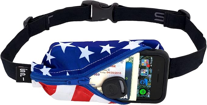 SPIbelt Running Belt Original for Women Men, Phone Holder for Running, Running Fanny Pack, Holder for Phone, Running Waist Pack, Adjustable Waist, [Fits All Phones]. Stars and Stripes with Blue Zipper