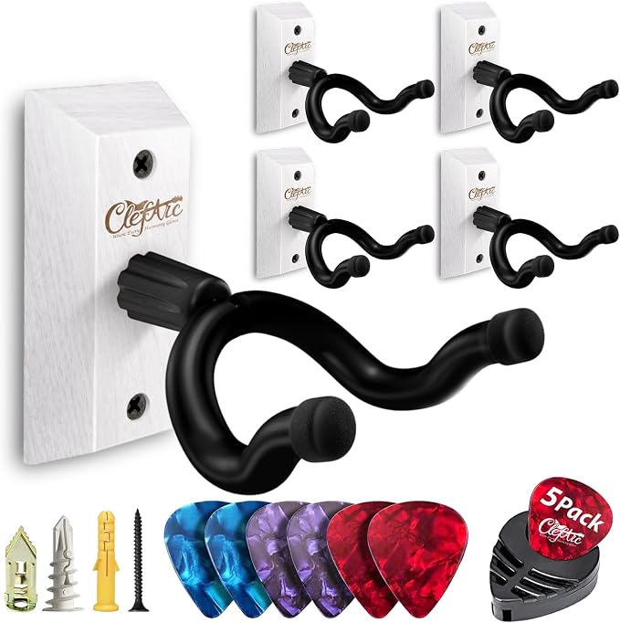 Black Guitar Wall Mount 5 Pack, Picks and Pick Holders, White
