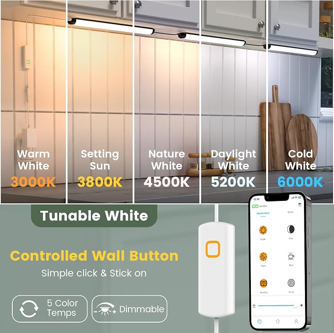 Under Cabinet Led Light Plug in, 6 PCS 12” Under Cabinet Lighting, 5 Color Temprature Bright Led, App Control and Dimmable 1340 Lm, Under Counter Lights for Kitchen,Cabinet, Counter,Workbench, Desk