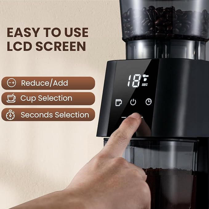 Ollygrin Conical Burr Coffee Grinder Electric, Coffee Grinder with 30 Grind Levels, Coffee Beans Grinder for Home Use, Touchscreen Burr Mill Grinder for Espresso, Drip, French Press, black