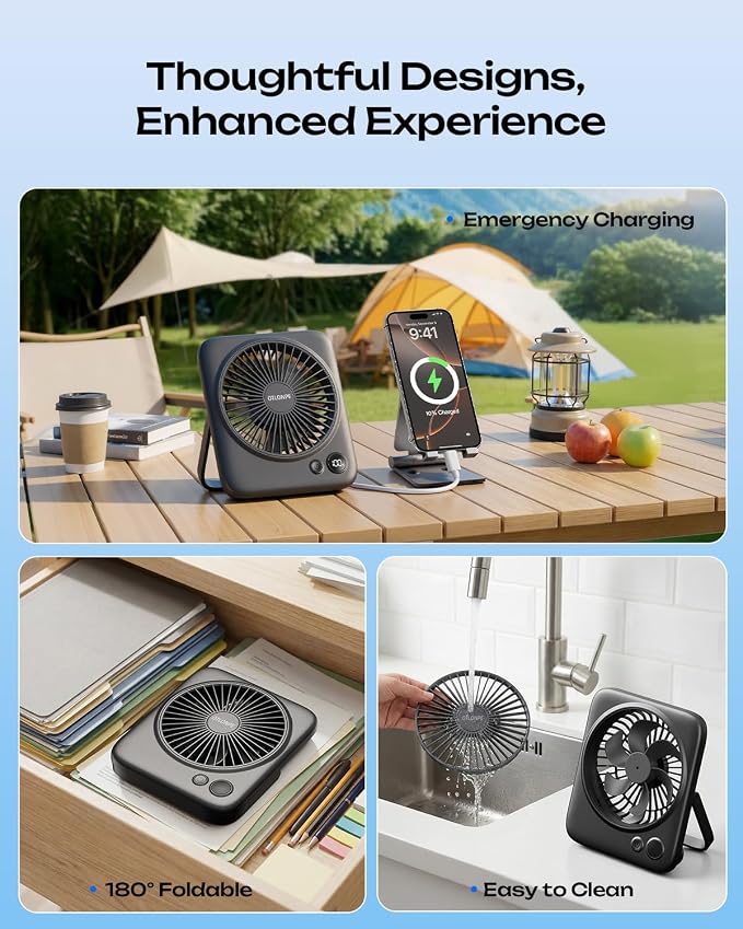Otlonpe Portable Desk Fan 6.5 Inch, 4000mAh Rechargeable Battery Operated & USB Powered, 23Hrs Cordless Small Personal Fan 4-Speed Quiet for Office Travel Home Sleeping, Led Display, Foldable (Black)