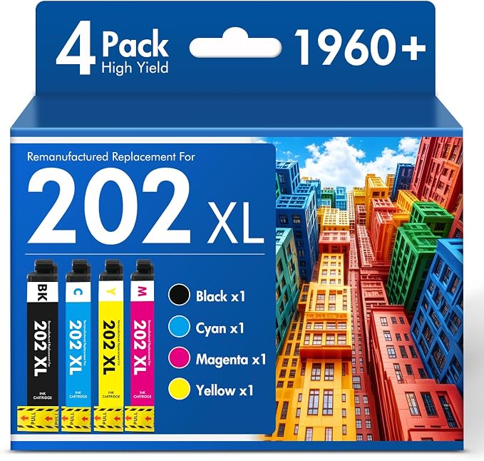 Remanufactured Replacement for 202XL WF-2860 Ink Cartridges Multipack for Epson Printer Workforce WF-2860 WF 2860 Expression Home XP-5100 (4 Pack B/C/M/Y)