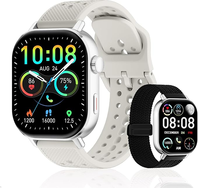 2026 Distance & Pace GPS Running Watch for Runners - Call & Text, AMOLED Large Screen, 50m Waterproof Swimming, Calorie & Step Counter, 2 Bands, Long Battery, for Seniors Men Women (Silver)