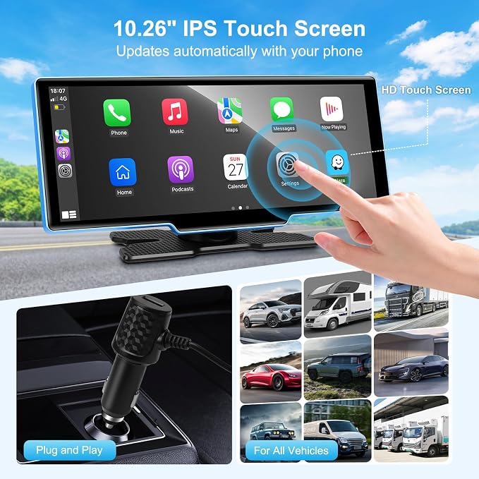 10.26" Wireless Carplay Screen for Car with 4K Dash Cam | Portable Car Play & Android Auto Touch Screen, 1080p Backup Camera, Mirror Link, Voice Control, GPS Navigation | for All Cars